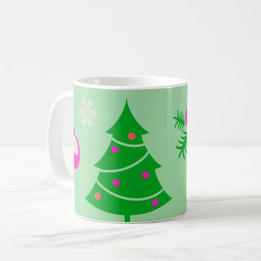 クリスマスツリー、雪の結晶、装飾 コーヒーマグカップ (正面左)