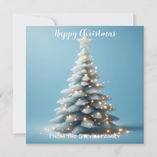 クリスマスツリー 青いグリッター | あなたの名前 シーズンカード (正面)