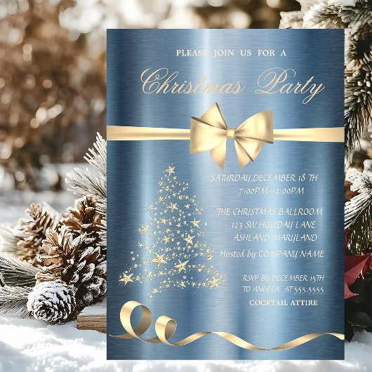 クリスマスツリー,青いメタリックのクリスマスパーティー 招待状