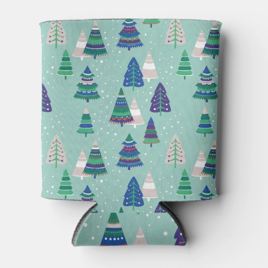 クリスマスツリー、青い背景 缶クーラー (正面)