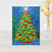 クリスマスツリー – 青/緑の背景 カード (黄色い花)