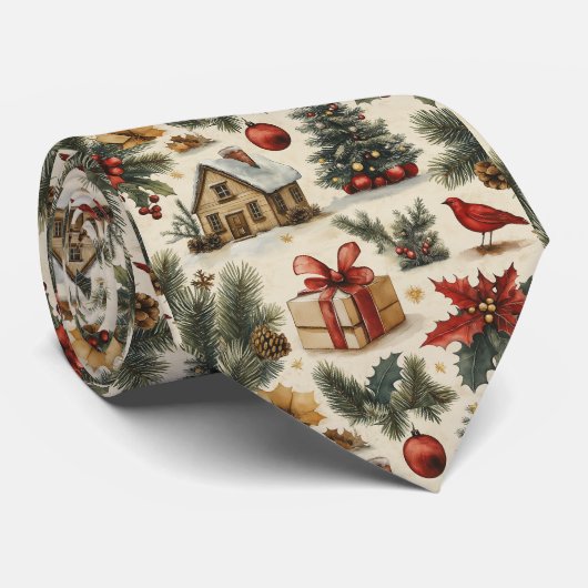クリスマスツリー(鳥)ショウジョウコウカンチョウホリーカントリーヴィンテージ ネクタイ (ロール)