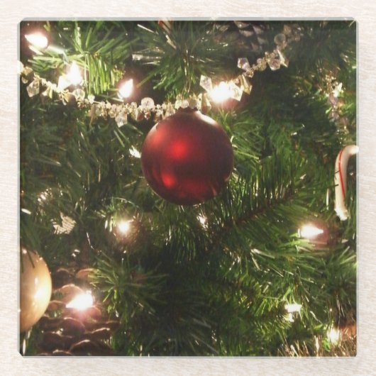 クリスマスツリーIホリデーかわいらしグリーンと赤 ガラスコースター (正面)