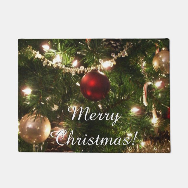 クリスマスツリーIホリデーかわいらしグリーンと赤 ドアマット (正面)