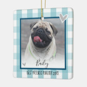 クリスマスツーフォトブルーカントリープレイドペット セラミックオーナメント (左)