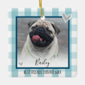 クリスマスツーフォトブルーカントリープレイドペット セラミックオーナメント (正面)