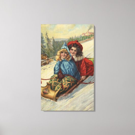 クリスマスツー小さな女の子そり キャンバスプリント (正面)