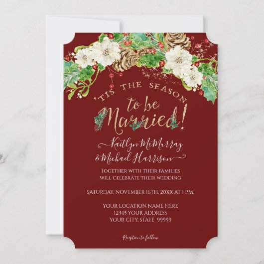 クリスマスティスザシーズンホリーフローラ結婚金ゴールド 招待状 (正面)