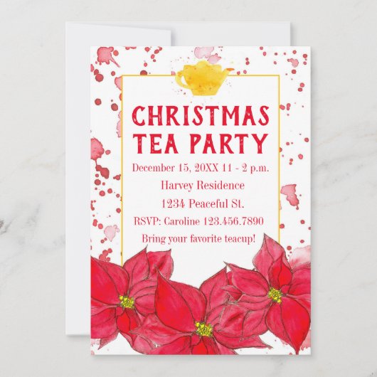 クリスマスティーパーティーティーポットポインセティアス 招待状 (正面)
