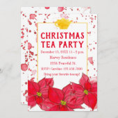 クリスマスティーパーティーティーポットポインセティアス 招待状 (正面/裏面)
