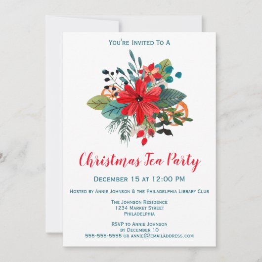 クリスマスティーパーティー冬の花模様&フルーツ 招待状 (正面)