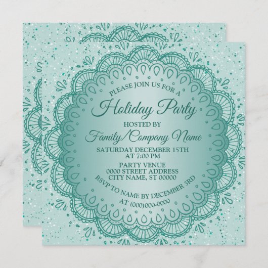 クリスマスティール(緑がかった色)エレガントホリデーズパーティー 招待状 (正面/裏面)