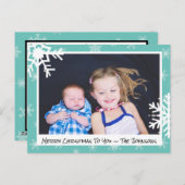 クリスマスティール(緑がかった色)スノーフレークスファミリーフォトカード ポストカード (正面/裏面)