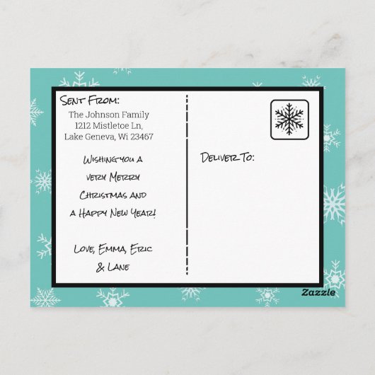 クリスマスティール(緑がかった色)スノーフレークスファミリーフォトカード ポストカード (裏面)
