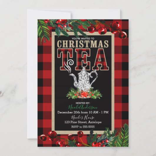 クリスマスティー素朴パーティーレッドブラックバッファロープレイド 招待状 (正面)