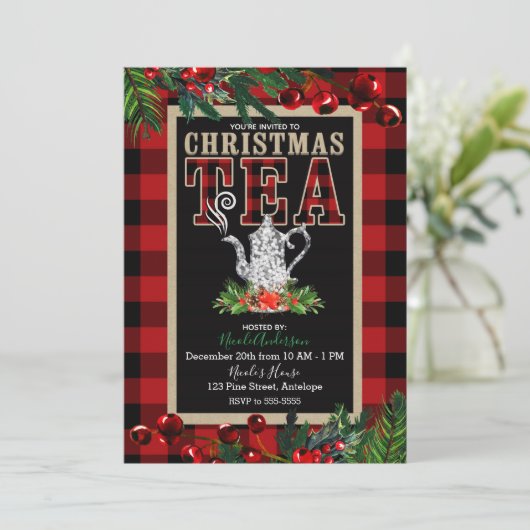 クリスマスティー素朴パーティーレッドブラックバッファロープレイド 招待状 (スタンド正面)