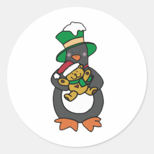 クリスマステディベアを抱くアイリッシュペンギン ラウンドシール