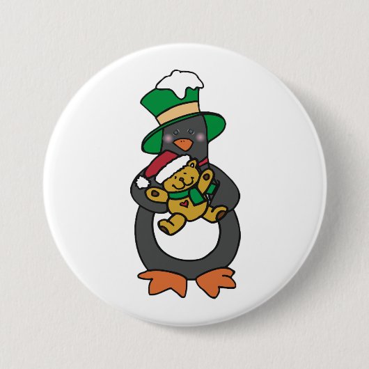 クリスマステディベアを持つアイルランドペンギン 缶バッジ (正面)