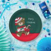 クリスマステディベアレッド&グリーンプレイドキッズテーブル ペーパープレート (パーティー)