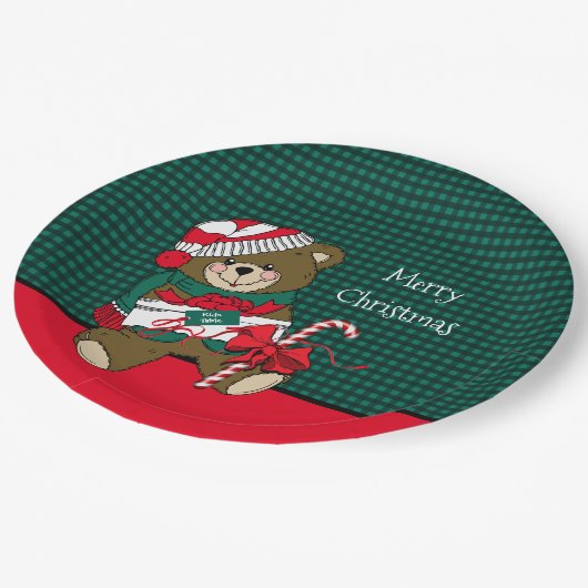 クリスマステディベアレッド&グリーンプレイドキッズテーブル ペーパープレート (アングル)