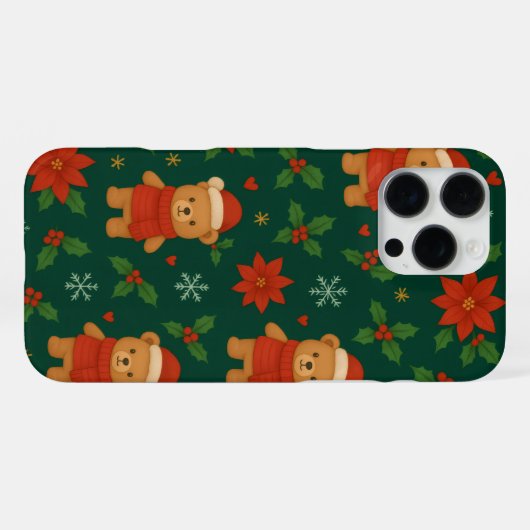 クリスマステディベア柄 - かわいいグリーンホリデー iPhoneケース (裏面横)