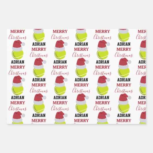 クリスマステニススポーツボール名前をカスタムする ラッピングペーパーシート (正面)