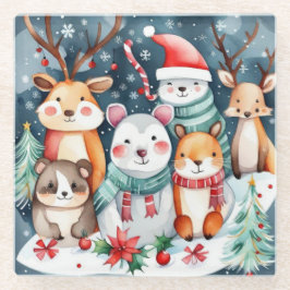 クリスマステーマクリスマスかわいい動物 ガラスコースター