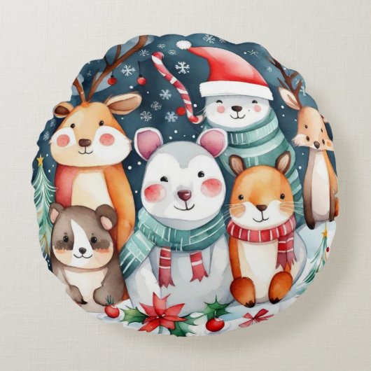 クリスマステーマクリスマスかわいい動物 ラウンドクッション (正面)