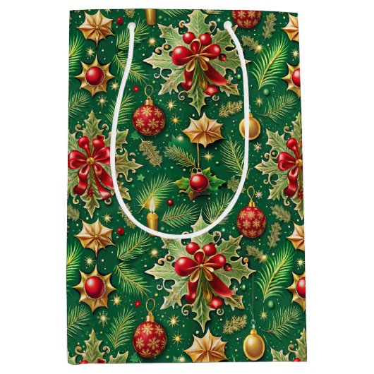 クリスマステーマフェスティバルカラフルパターン ミディアムペーパーバッグ (正面)