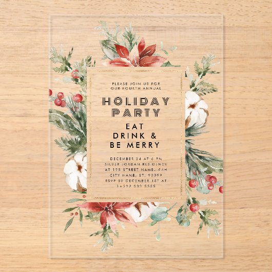 クリスマステーマフローラフレームホリデーパーティー アクリル招待状 (正面)
