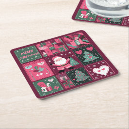 クリスマステーマ紫とピンクのメリークリスマス スクエアペーパーコースター