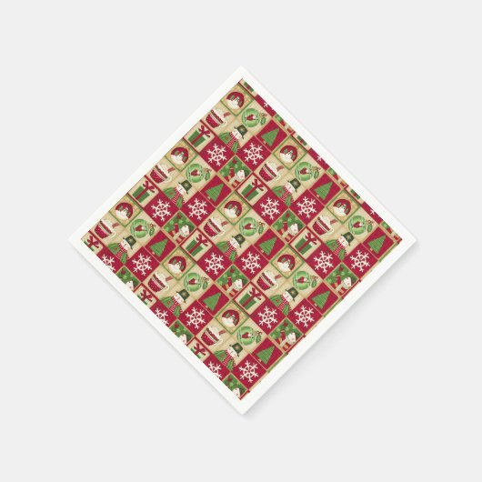 クリスマステーマ雪だるまスノーフレークスレッドグリーン金ゴールド スタンダードカクテルナプキン (角)