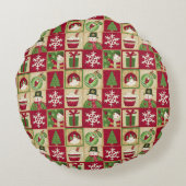 クリスマステーマ雪だるまスノーフレークスレッドグリーン金ゴールド ラウンドクッション (裏面)