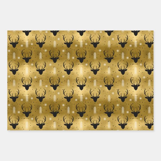クリスマスディアアントラーストライプ、木々の金ゴールドID864 ラッピングペーパーシート (正面)