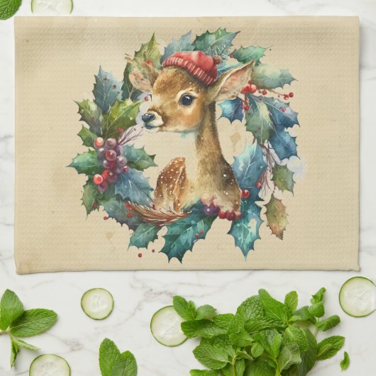 クリスマスディアウィンターウォーター色おもしろい動物 キッチンタオル (折り畳み)
