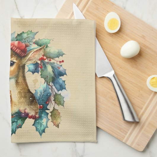 クリスマスディアウィンターウォーター色おもしろい動物 キッチンタオル (四つ折り)