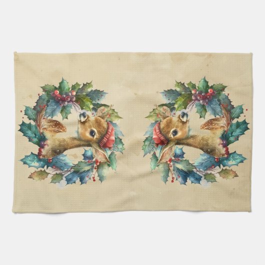 クリスマスディアウィンターウォーター色おもしろい動物 キッチンタオル (横)