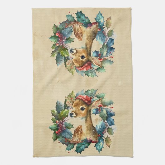 クリスマスディアウィンターウォーター色おもしろい動物 キッチンタオル (縦)