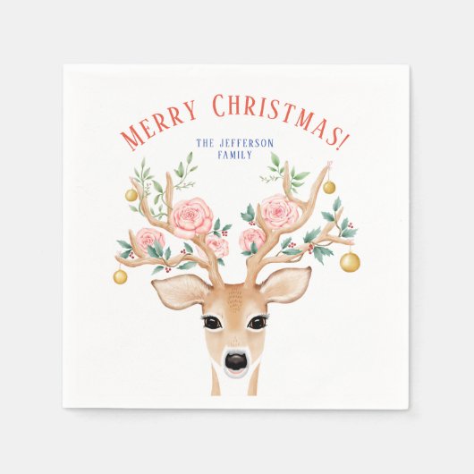 クリスマスディアホリーフラワー〔雄ジカの〕枝角 カラフル スタンダードカクテルナプキン (正面)