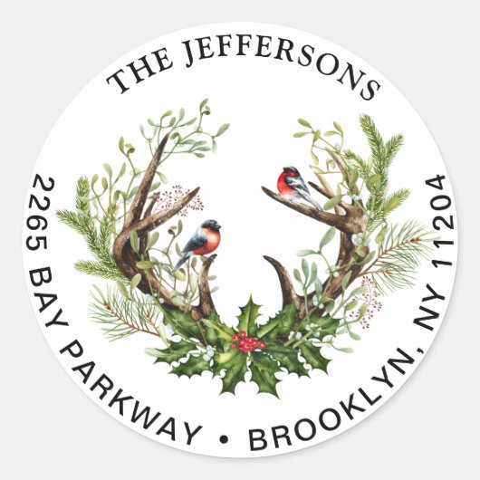 クリスマスディアホーン&バード差出人住所ラベル ラウンドシール (正面)