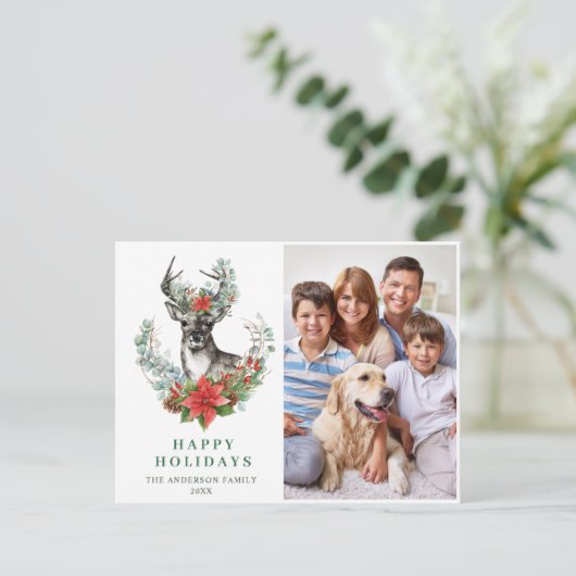 クリスマスディアポインセチア挨拶ホリデー写真 ポストカード (スタンド正面)
