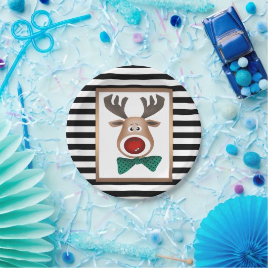 クリスマスディアムースカードストライプの白黒セレ ペーパープレート (パーティー)