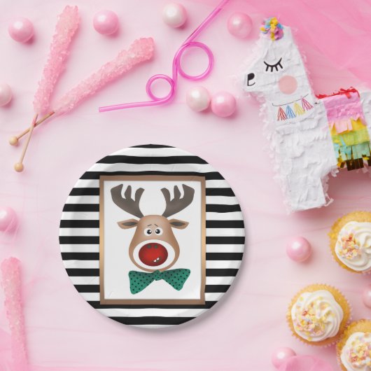 クリスマスディアムースカードストライプの白黒セレ ペーパープレート (パーティー)