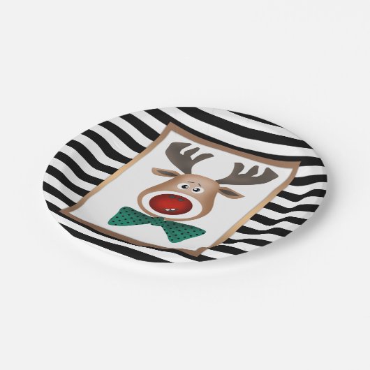 クリスマスディアムースカードストライプの白黒セレ ペーパープレート (アングル)