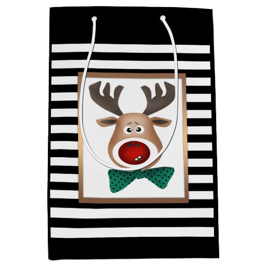 クリスマスディアムースカードストライプの白黒セレ ミディアムペーパーバッグ (正面)