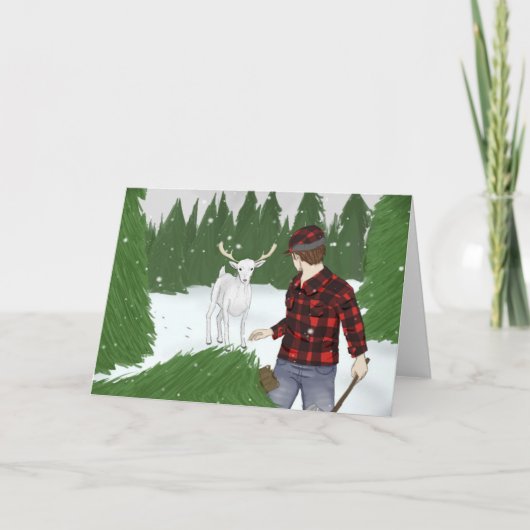 クリスマスディアーとウッドスマン折り畳みホリデーカード カード (正面)
