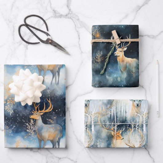 クリスマスディアーラッピング紙ギフトは海軍の金ゴールドを包む ラッピングペーパーシート (正面)