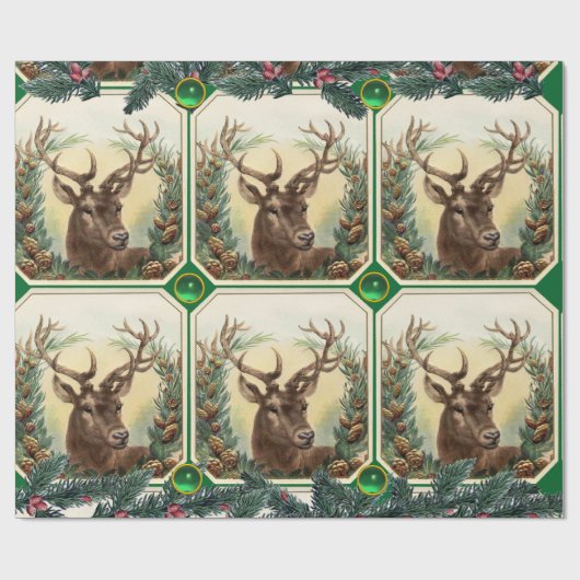クリスマスディアー、松のコーンのクラウン、緑の宝石 ラッピングペーパー (フラット)