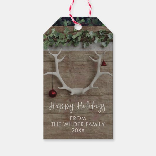 クリスマスディアー〔雄ジカの〕枝角フェスティバル素朴ギフトラベル ギフトタグ (正面)