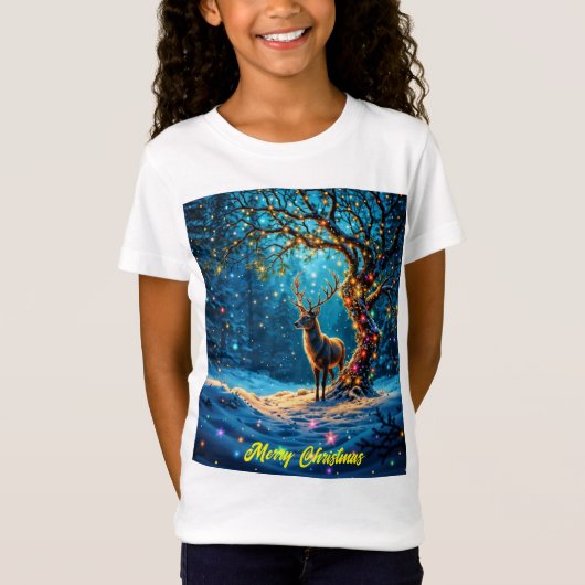 クリスマスディア雪のカラフルグリッターグロー Tシャツ (正面)